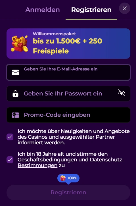 Spinmama Casino-Registrierungsbereich